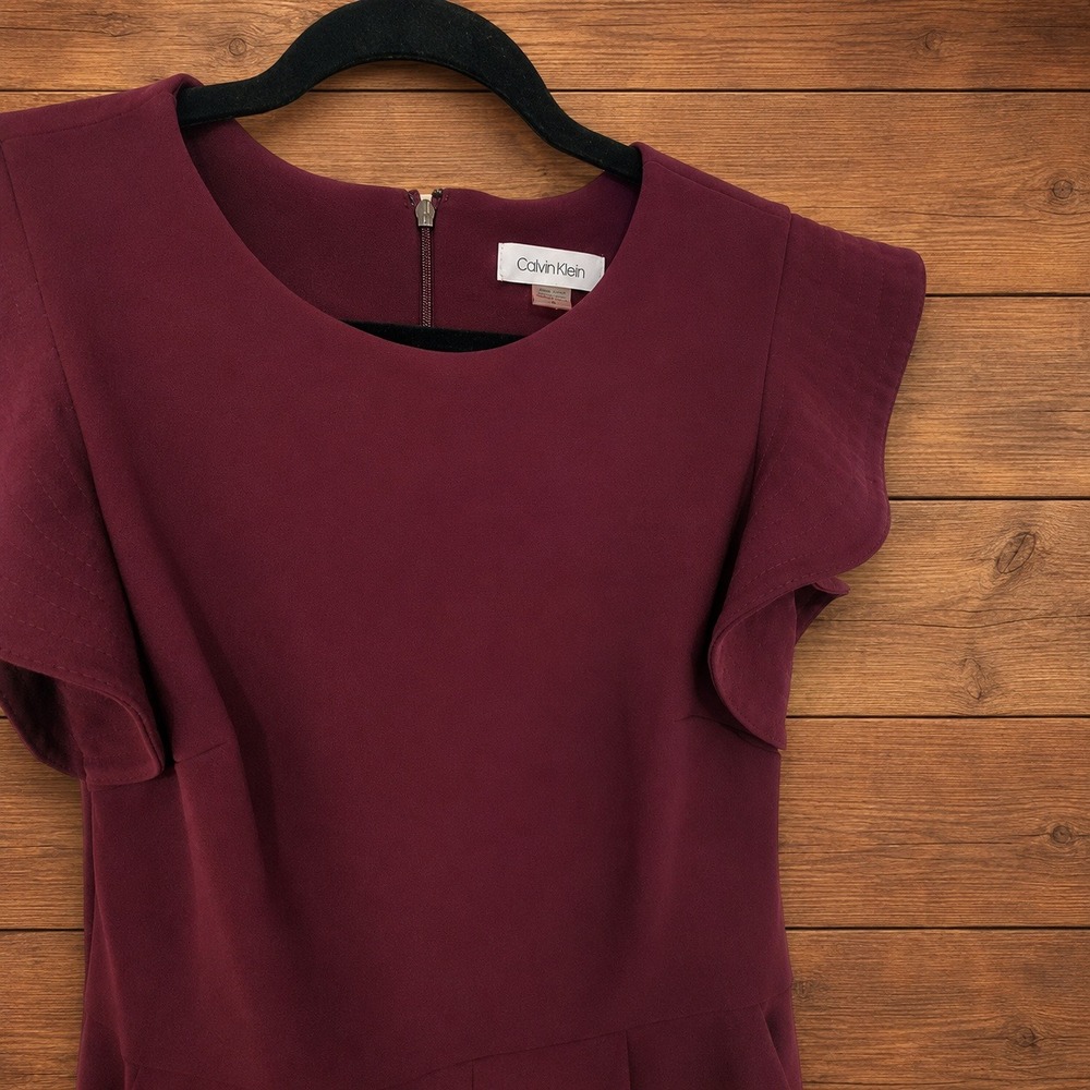 Calvin Klein Burgundy Ruffle Sleeve Wide Leg Jumpsuit with Pockets Size 6 Small - Picture 2 of 8